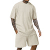 Men's new fashion summer sports solid color crew-neck vertical stripe T-shirt shorts short-sleeved suit Loose two-piece set