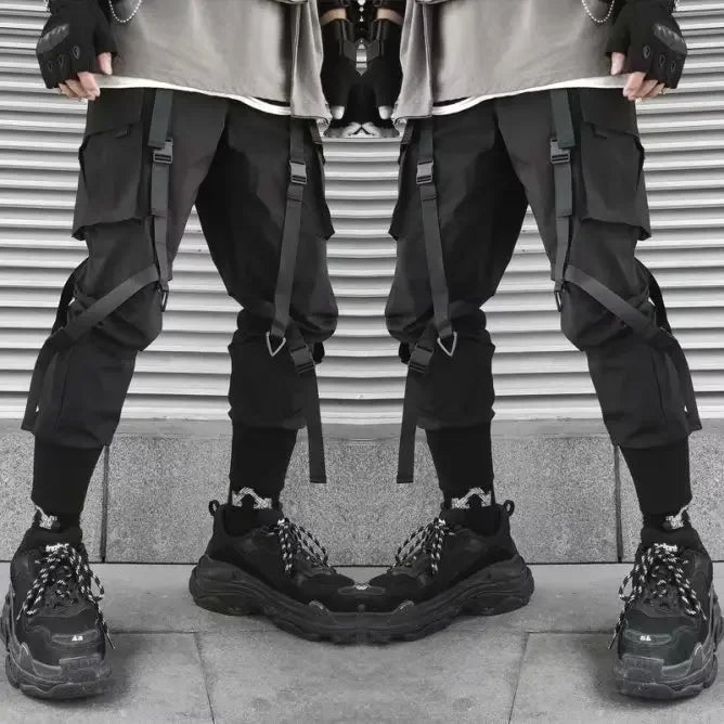 Joggers Cargo Pants for Men Casual Hip Hop Hit Color Pocket Male Trousers Sweatpants Streetwear Ribbons Techwear Pants