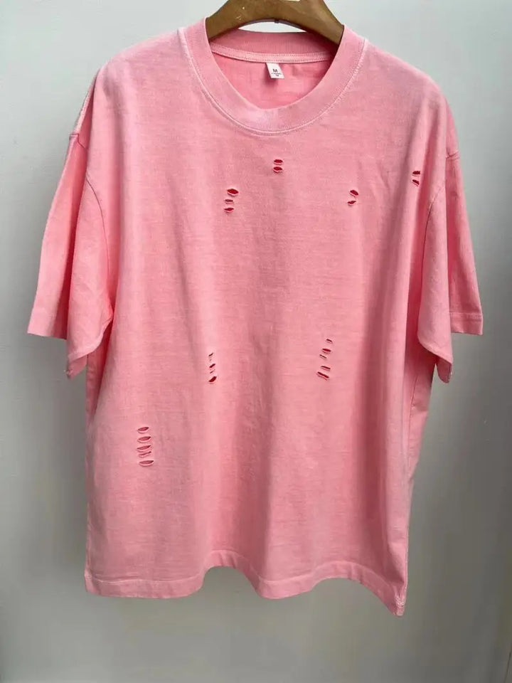 2024 New Ripped Crew Neck Short Sleeve Loose Casual T-Shirt Men's and Women's Same Retro Fashion Bottom Shirt Oversized T Shirt