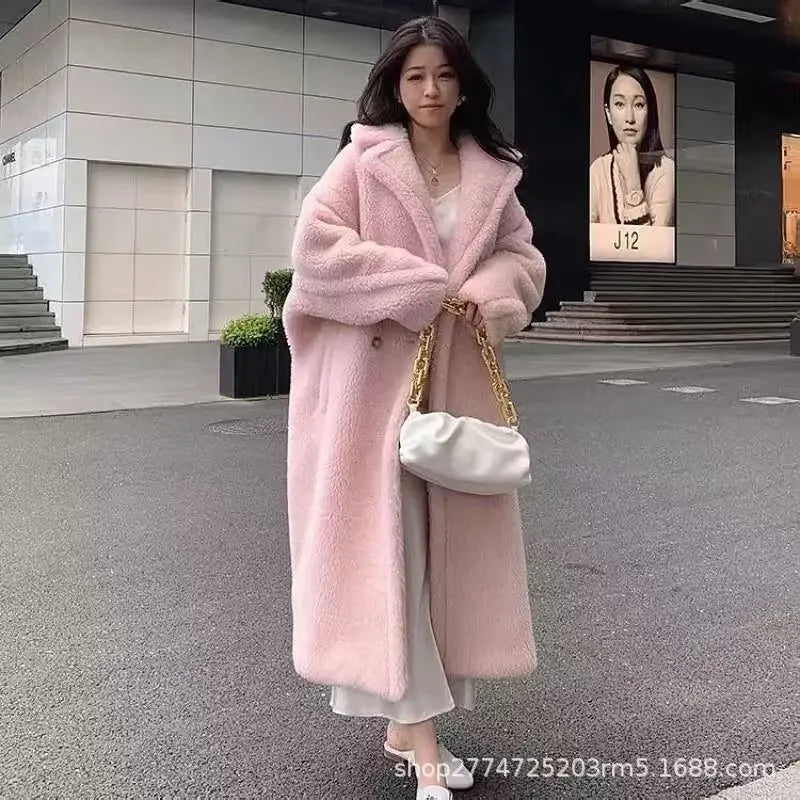Faux Fur Coats Women Lamb Wool Long Coat Thick Warm Elegant Maxi Turn Down Collar Spring Outerwear Autumn Winter Jackets