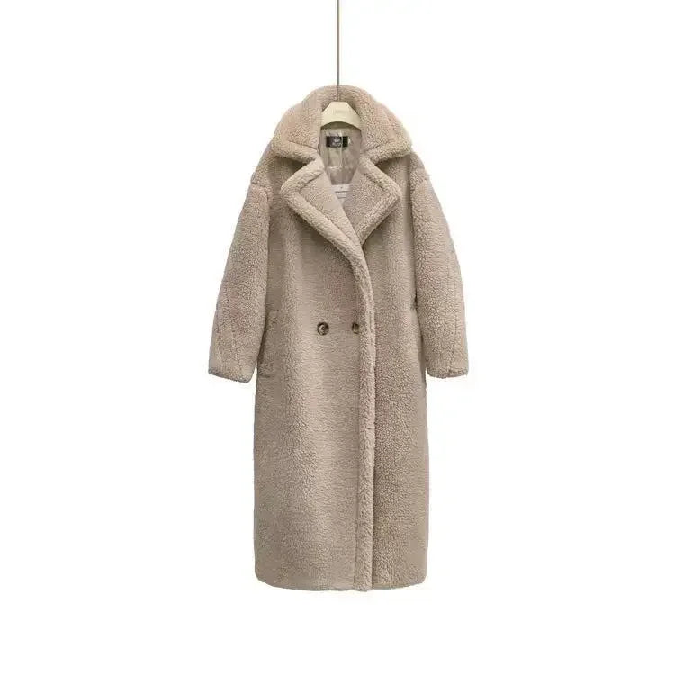 Faux Fur Coats Women Lamb Wool Long Coat Thick Warm Elegant Maxi Turn Down Collar Spring Outerwear Autumn Winter Jackets