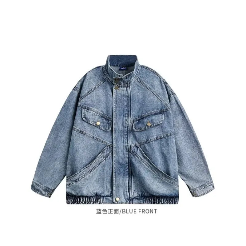 Denim Jacket Men's Spring Autumn New Loose Design Sense of Standing Collar American Vintage Male Women's Cargo Couple Coat 2023