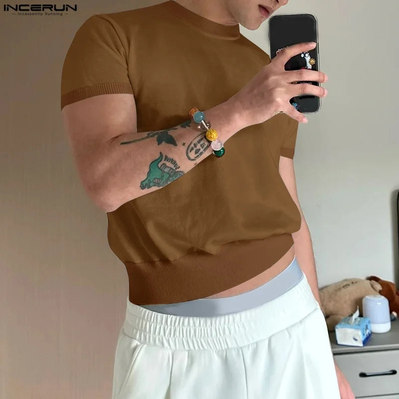 Men T Shirt Solid Color O-neck Short Sleeve Summer Male Crop Tops Streetwear Loose Fashion Casual Men Clothing S-5XL INCERUN