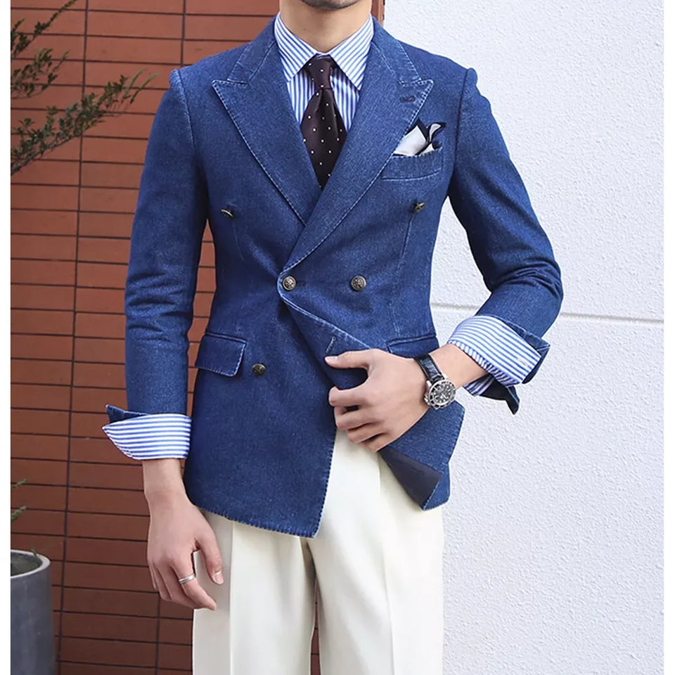 Elegant Denim Men's Jackets 1 Piece Double Breasted Peak Lapel Mens Clothing Blazer Fashion Casual Daily Office Basic Coat