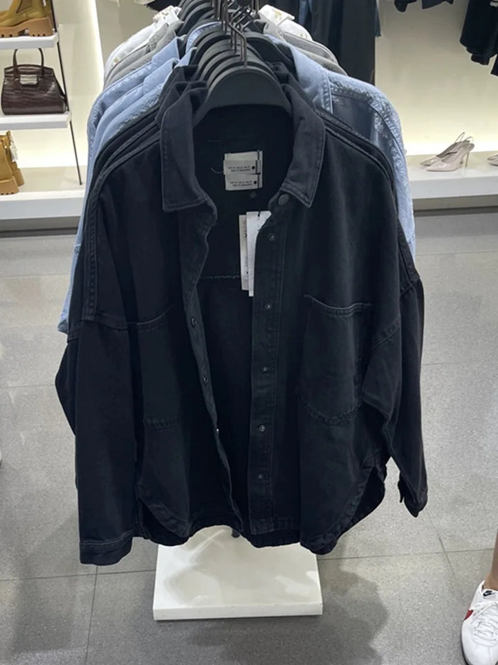 Denim Jacket 2025 ETJ Spring new all-cotton large pockets embellished loose version of women's shirt-style denim jacket