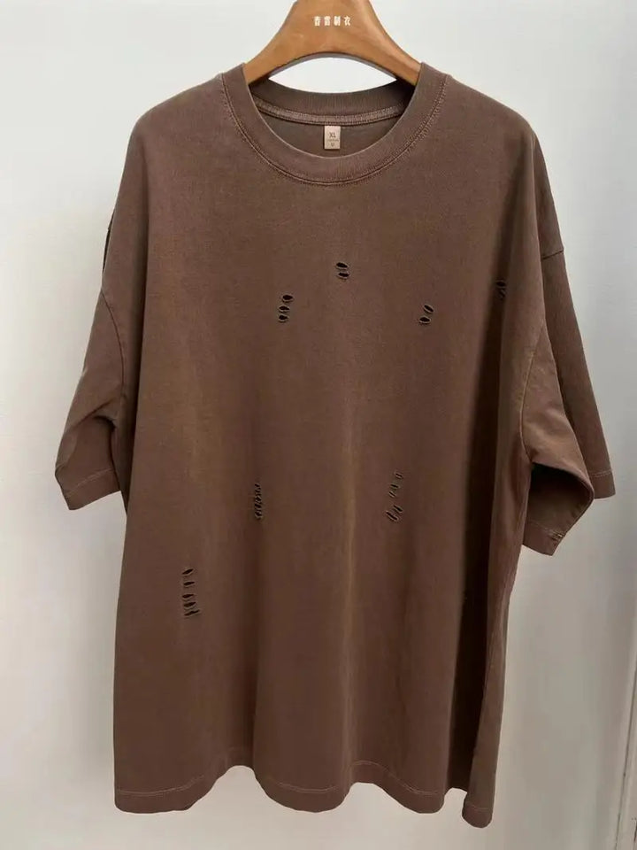 2024 New Ripped Crew Neck Short Sleeve Loose Casual T-Shirt Men's and Women's Same Retro Fashion Bottom Shirt Oversized T Shirt