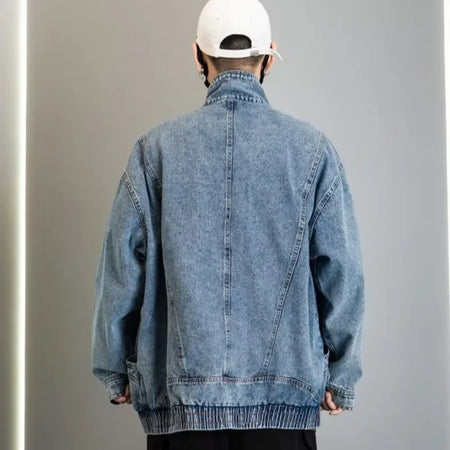 Denim Jacket Men's Spring Autumn New Loose Design Sense of Standing Collar American Vintage Male Women's Cargo Couple Coat 2023