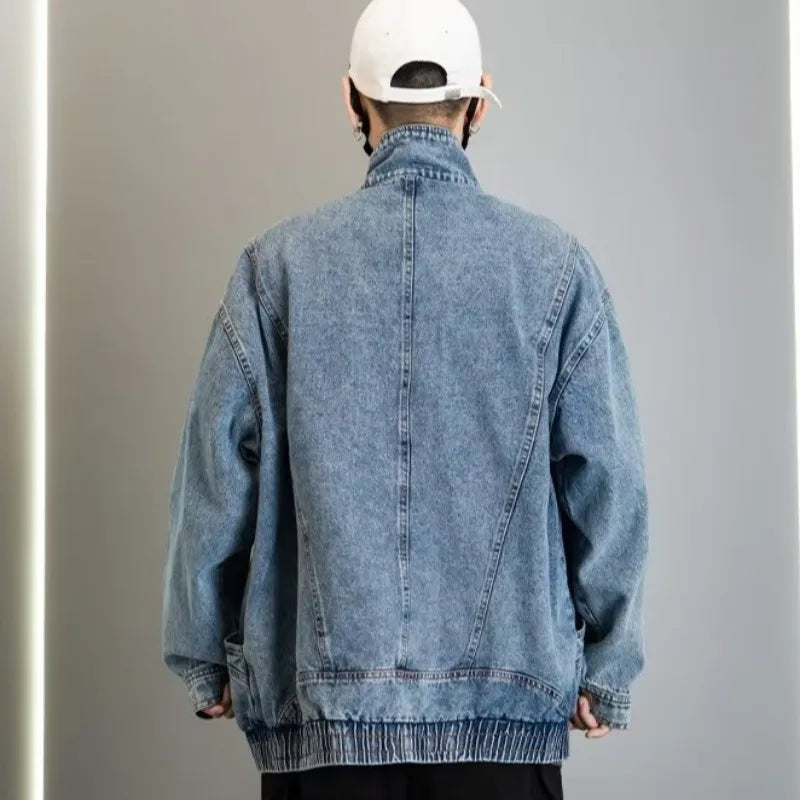 Denim Jacket Men's Spring Autumn New Loose Design Sense of Standing Collar American Vintage Male Women's Cargo Couple Coat 2023