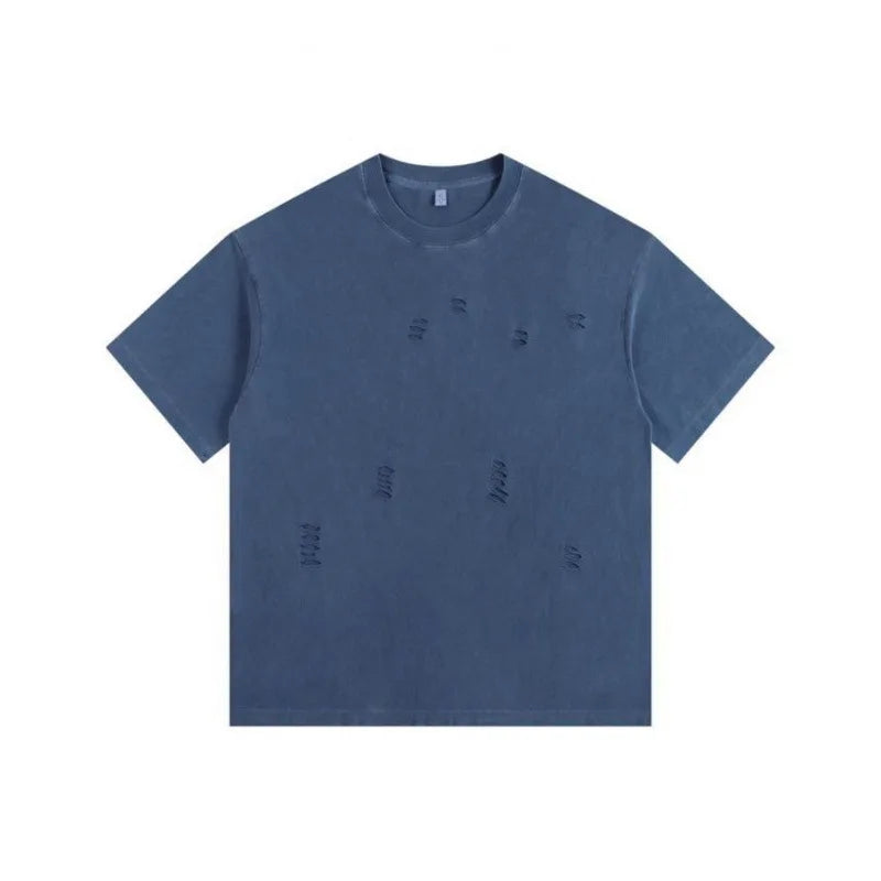 2024 New Ripped Crew Neck Short Sleeve Loose Casual T-Shirt Men's and Women's Same Retro Fashion Bottom Shirt Oversized T Shirt