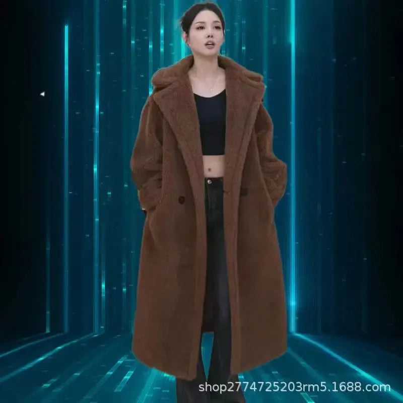 Faux Fur Coats Women Lamb Wool Long Coat Thick Warm Elegant Maxi Turn Down Collar Spring Outerwear Autumn Winter Jackets