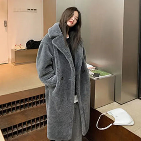 Faux Fur Coats Women Lamb Wool Long Coat Thick Warm Elegant Maxi Turn Down Collar Spring Outerwear Autumn Winter Jackets