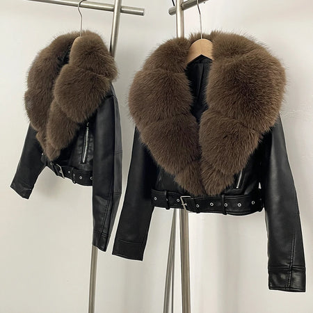 Faux Fur Coat  Female Autumn Faux Leather Jacket Short Clothing Long Sleeve Spring New PU Fur Jacket Artificial Women Pockets