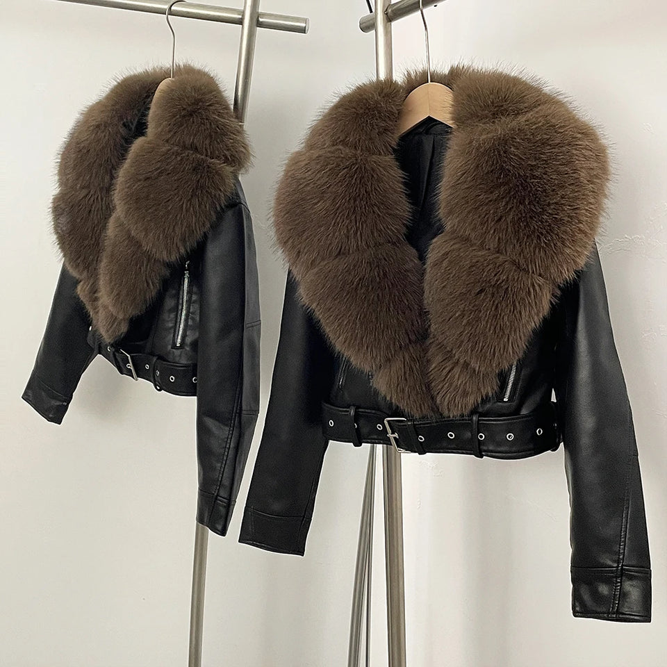 Faux Fur Coat  Female Autumn Faux Leather Jacket Short Clothing Long Sleeve Spring New PU Fur Jacket Artificial Women Pockets