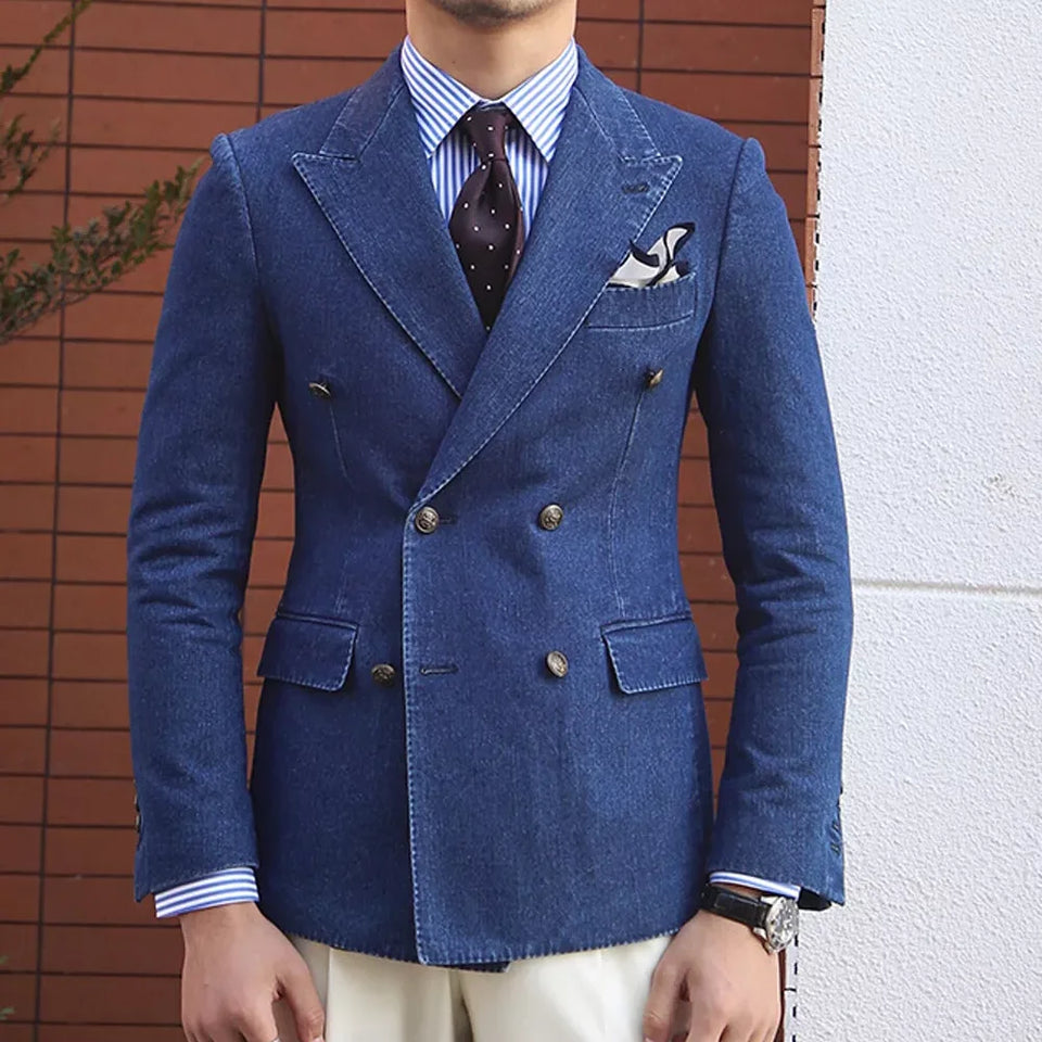 Elegant Denim Men's Jackets 1 Piece Double Breasted Peak Lapel Mens Clothing Blazer Fashion Casual Daily Office Basic Coat