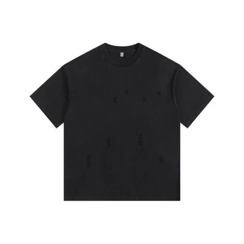 2024 New Ripped Crew Neck Short Sleeve Loose Casual T-Shirt Men's and Women's Same Retro Fashion Bottom Shirt Oversized T Shirt