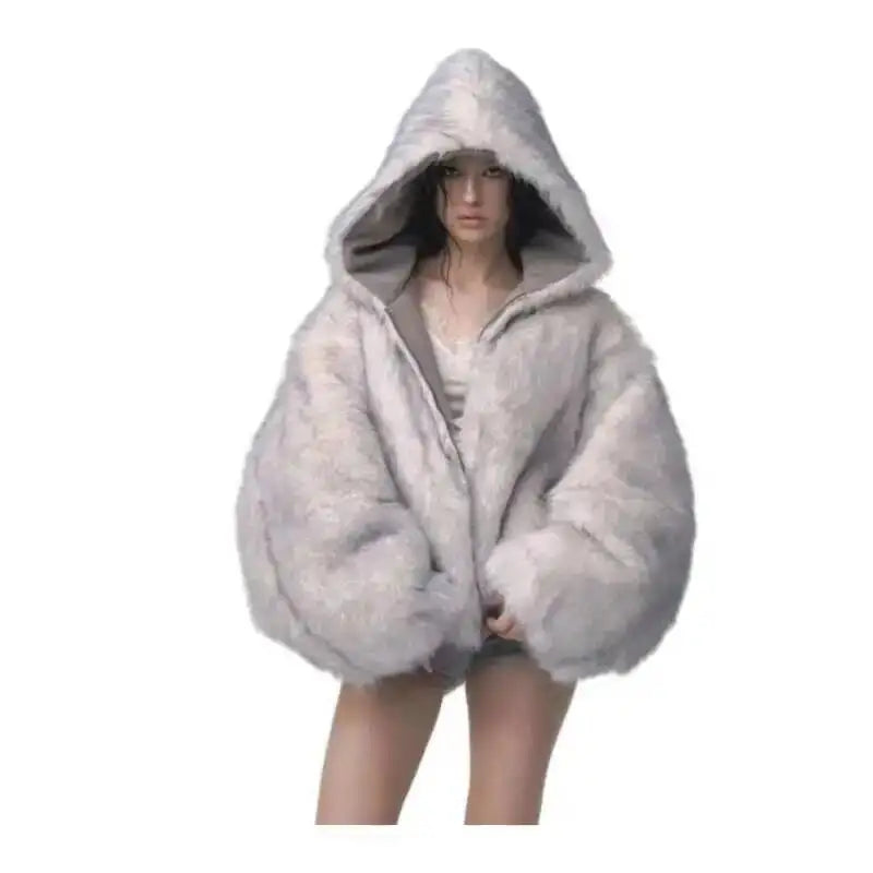 Faux Fur Coat Women 2025 Winter American Retro Fur Coat Women Padded Hooded Cotton-Padded Jacket Plush Casual Harajuku Oversize
